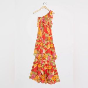 Farm Rio x Anthropologie tier ruffle one shoulder maxi dress papaya print NWT L
